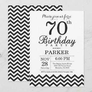 Invitación para cumpleaños 70 negro y blanco Chevr