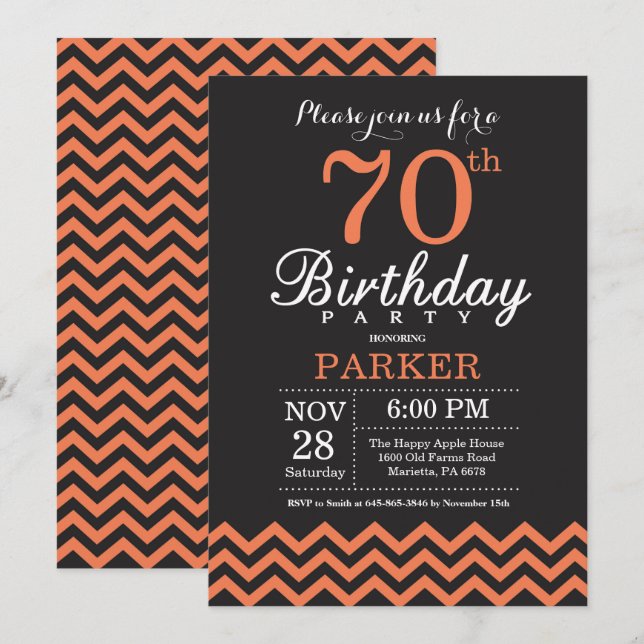 Invitación para cumpleaños 70 negro y Chevron cora (Anverso / Reverso)