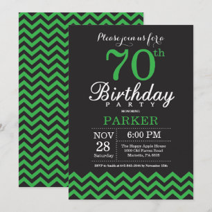 Invitación para cumpleaños 70 negro y Chevron verd