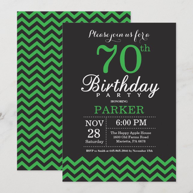 Invitación para cumpleaños 70 negro y Chevron verd (Anverso / Reverso)