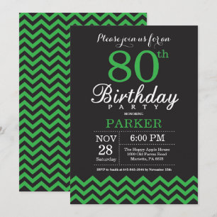 Invitación para cumpleaños 80 negro y Chevron verd
