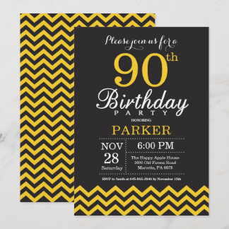 Invitación para cumpleaños 90 negro y Chevron amar