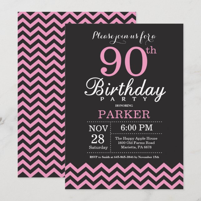 Invitación para cumpleaños 90 negro y Chevron rosa (Anverso / Reverso)