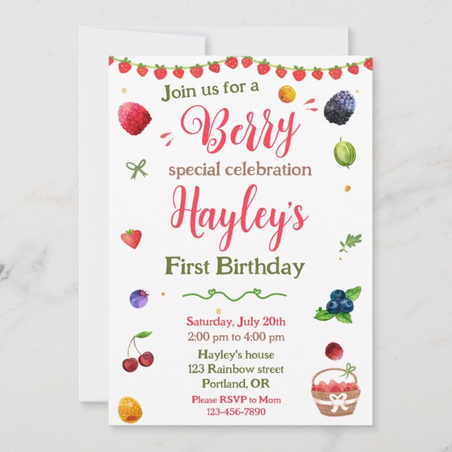 Invitación para cumpleaños Berry fiesta dulce (Anverso)