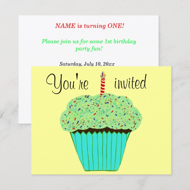Invitación para Cumpleaños con Cupcake Verde Perso (Anverso / Reverso)