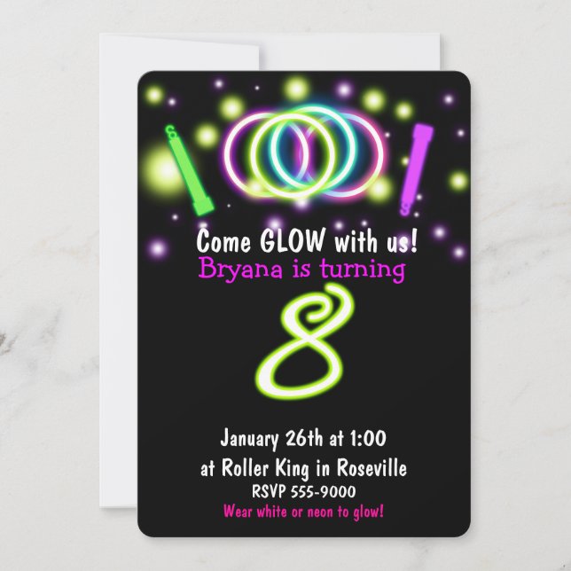 Invitación para Cumpleaños de 8 años con Luces GLO (Anverso)