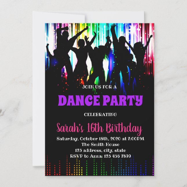 Invitación para cumpleaños de danza discográfica (Anverso)