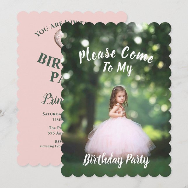 Invitación para Cumpleaños de Niña con Foto - Rosa (Anverso / Reverso)
