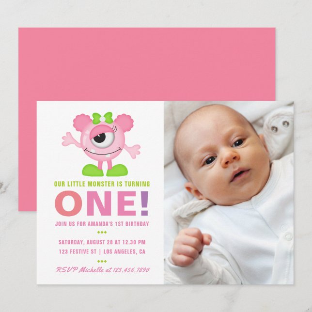 Invitación para cumpleaños de niña pequeña monstru (Anverso / Reverso)