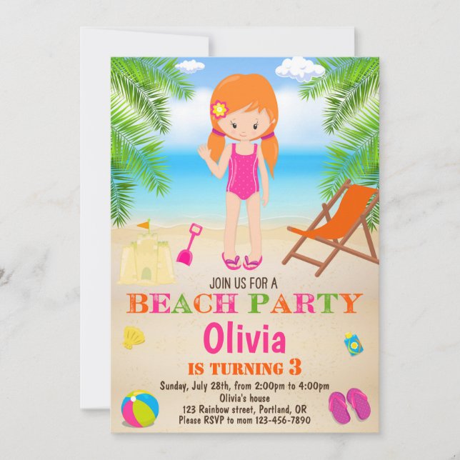 Invitación para cumpleaños en la playa de verano (Anverso)