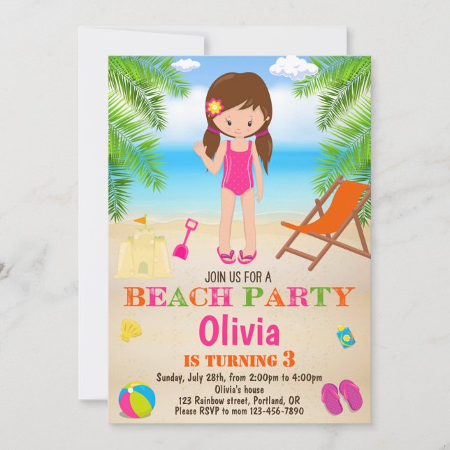 Invitación para cumpleaños en la playa de verano (Anverso)