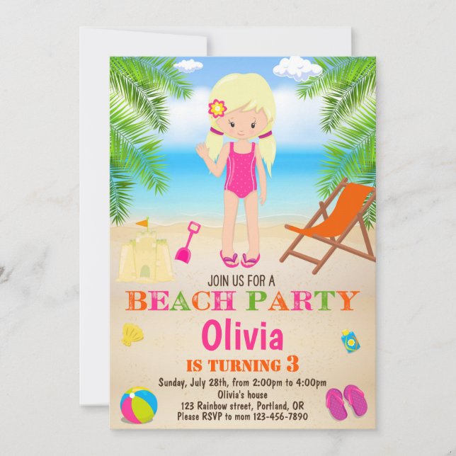 Invitación para cumpleaños en la playa de verano (Anverso)