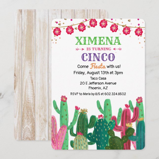 INVITACIÓN PARA CUMPLEAÑOS FIESTA DEL CACTUS PARA  (Anverso / Reverso)