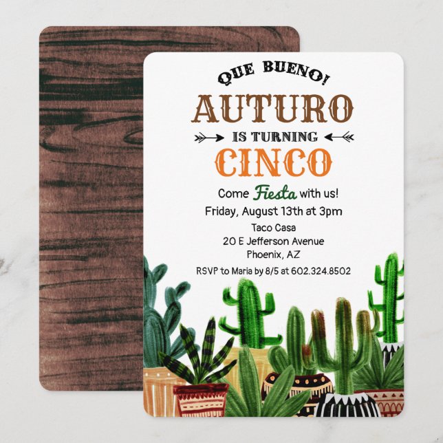 INVITACIÓN PARA CUMPLEAÑOS FIESTA DEL CACTUS PARA  (Anverso / Reverso)