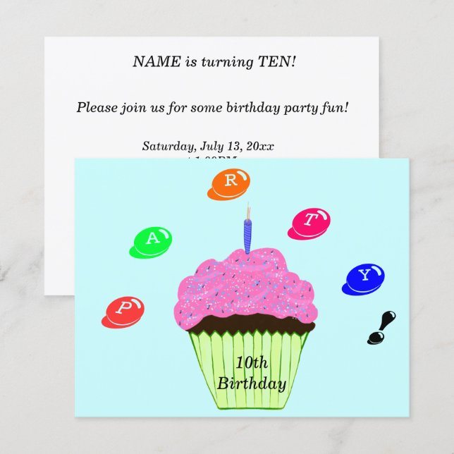 Invitación para Cumpleaños número 10 con Cupcake y (Anverso / Reverso)