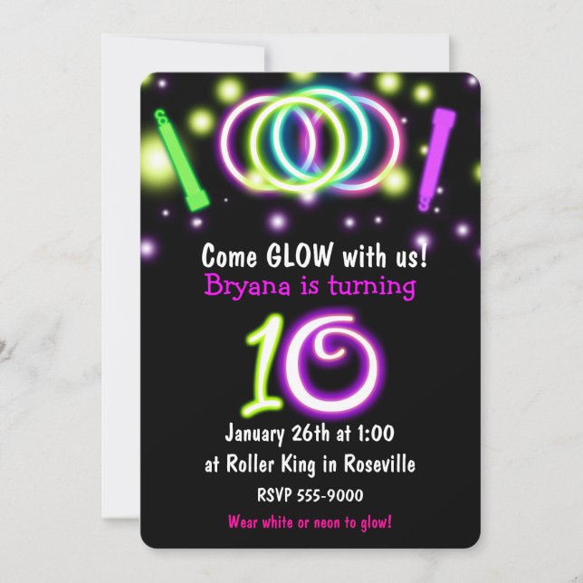 Invitación para cumpleaños número 10 de GLOW Light (Anverso)