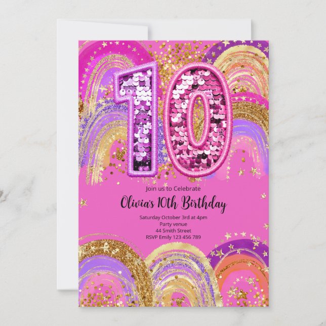 Invitación para cumpleaños número 10 de niñas (Anverso)