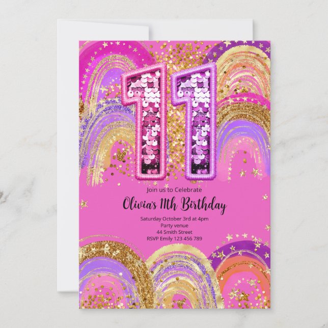 Invitación para cumpleaños número 11 de niñas (Anverso)