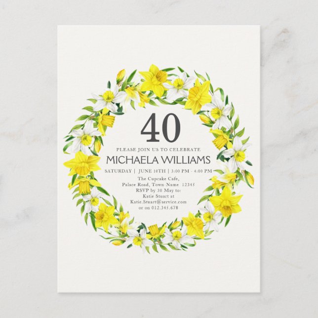 Invitación para Cumpleaños número 40 con Narcisos  (Anverso)