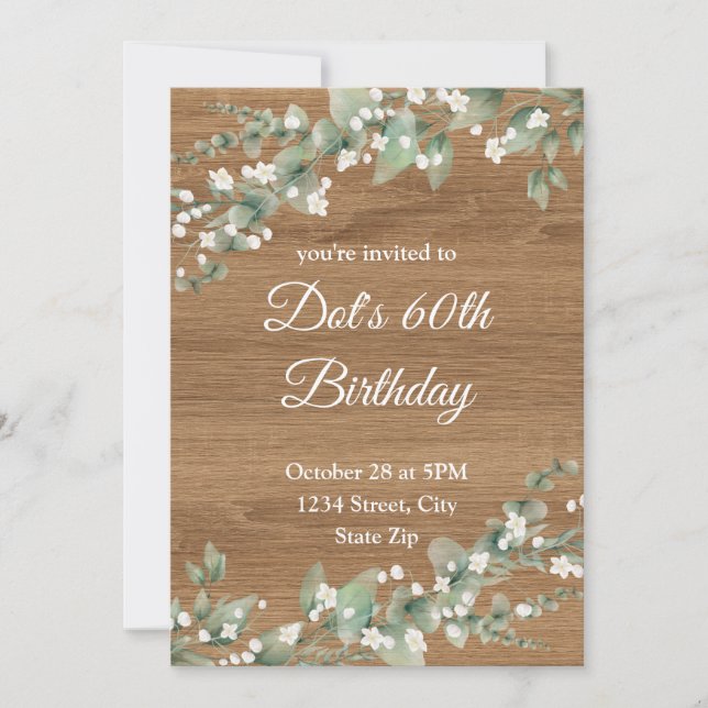 Invitación para cumpleaños número 60 – Greenery rú (Anverso)