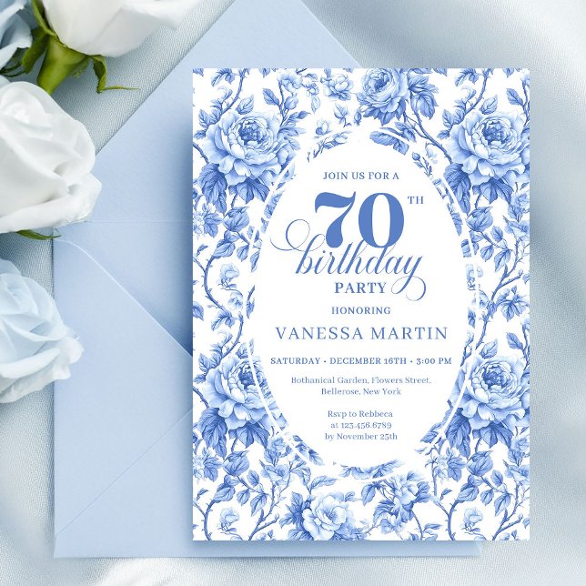 Invitación para Cumpleaños número 70 con Estampado (Royal Blue Floral 70th Birthday Invitation)