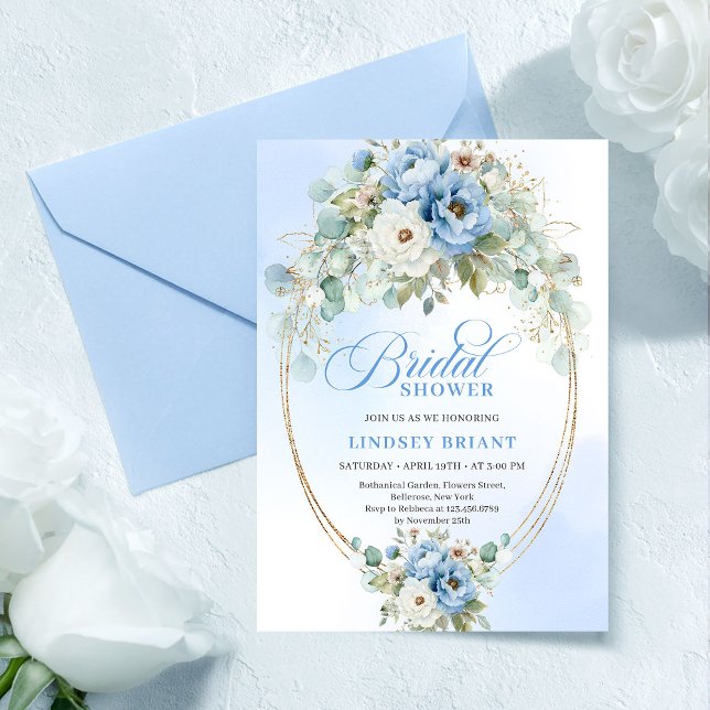Invitación para Despedida de Soltera con Marco Dor (Modern Blue Peony Gold Frame Bridal Shower Invite

)