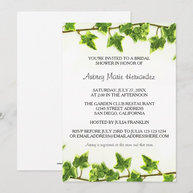 Invitación para Despedida de Soltera - Hiedra Verd (Anverso / Reverso)
