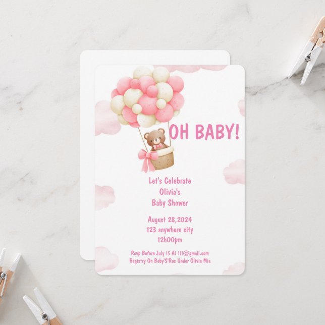 invitación para ducha de bebé rosa para chicas (Anverso/Reverso In Situ)