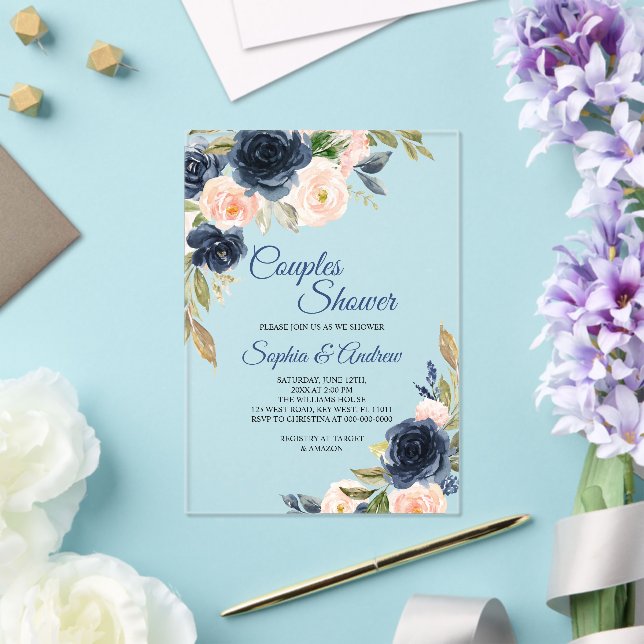 Invitación para ducha de pareja floral azul marino (Insitu (Boda))