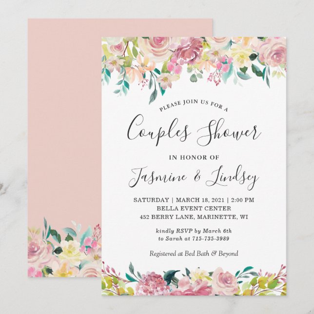 Invitación para ducha de parejas con flores pastel (Anverso / Reverso)