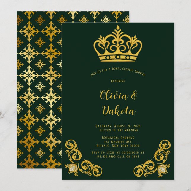 Invitación para ducha de parejas Corona Real Verde (Anverso / Reverso)
