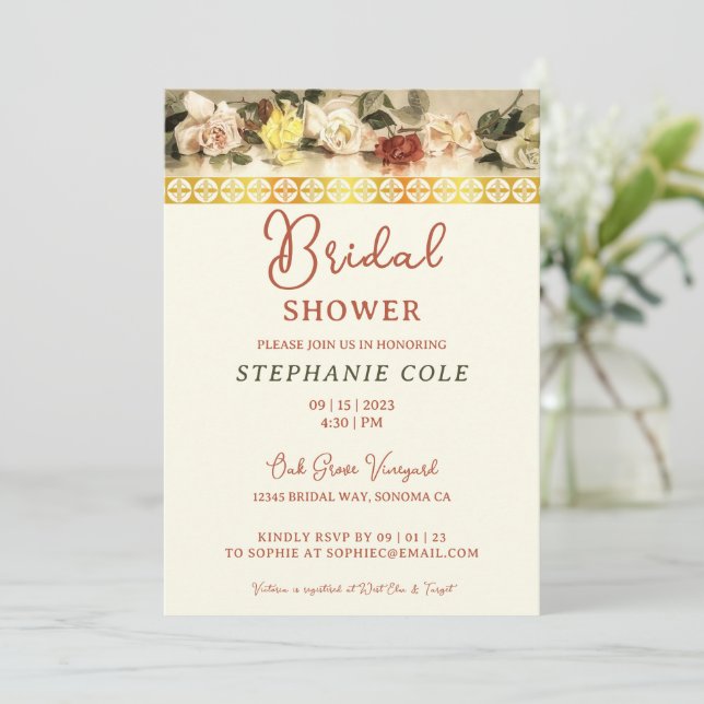 Invitación para ducha de rosa y borde dorado (Anverso de pie)