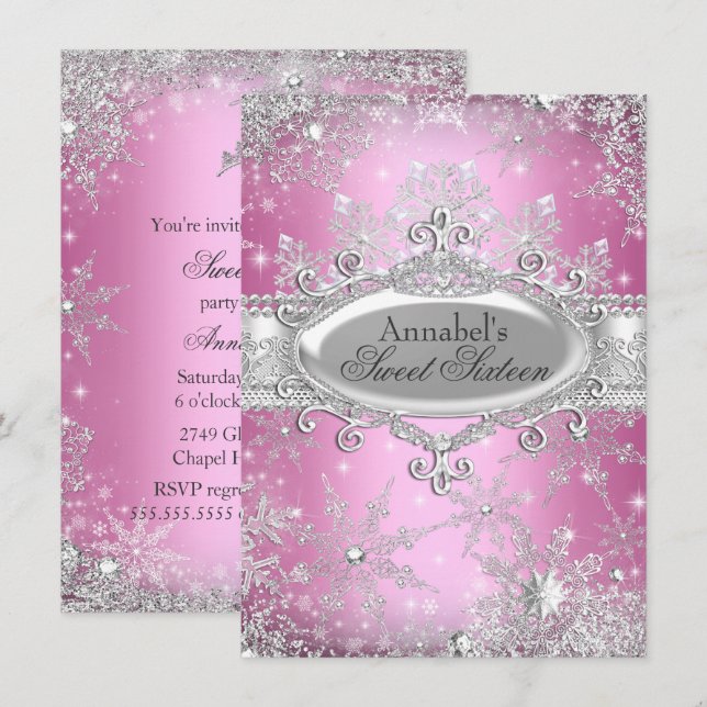 Invitación para Dulces 16 Princesa Rosa Invierno M (Anverso / Reverso)