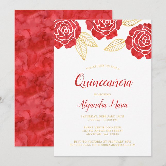 Invitación para el 15 cumpleaños con flores rojas  (Anverso / Reverso)