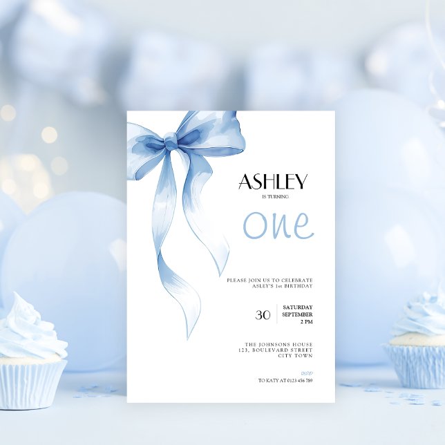 Invitación para el 1er cumpleaños con lazo azul pa (Blue bow coquette 1st birthday invitation for girls)