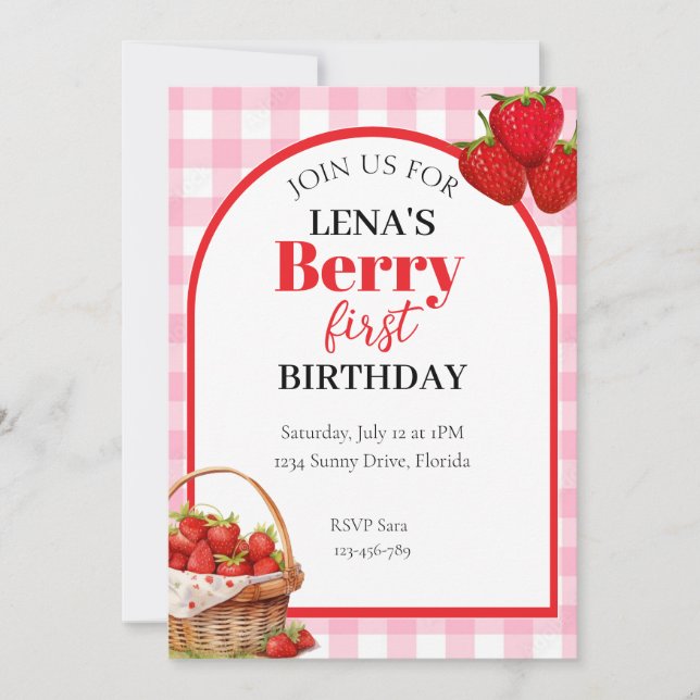 Invitación para el 1er cumpleaños de Berry con tem (Anverso)