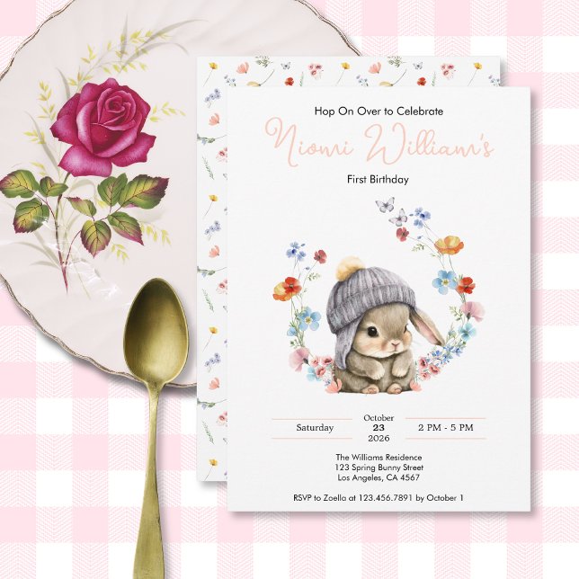 Invitación para el 1er cumpleaños de Bunny Wildflo (Bunny Wildflower 1st Birthday Invitation 3)