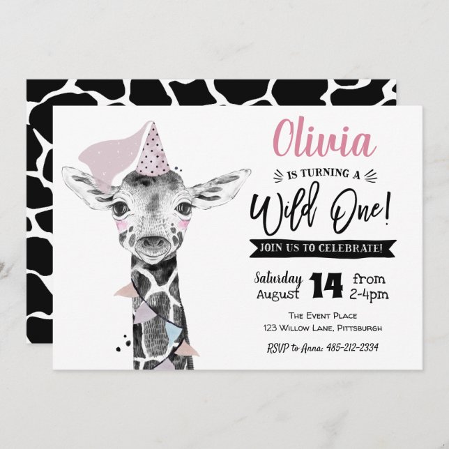 Invitación para el 1er cumpleaños de Giraffe Wild  (Anverso / Reverso)