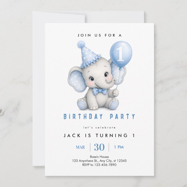 Invitación para el 1er Cumpleaños del Elefante Beb (Anverso)