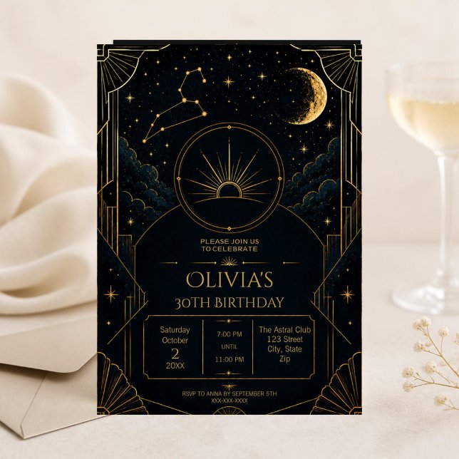 Invitación para el 30 cumpleaños de Leo | Arte Dec (Dark Art Deco Leo zodiac 30th birthday invitation with celestial details and elegant moody styling)