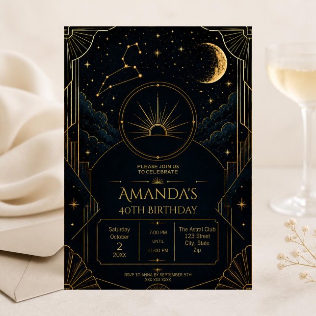 Invitación para el 40 cumpleaños de Leo | Zodiaco  (Dark Art Deco Leo zodiac 40th birthday invitation with celestial details and elegant moody styling)