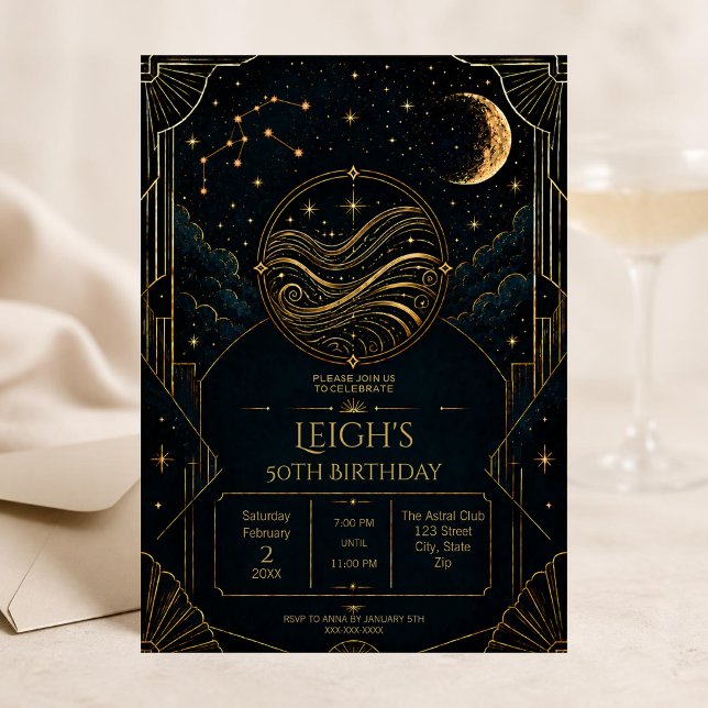 Invitación para el 50 cumpleaños de Acuario | Art  (Elegant Aquarius 50th birthday invitation with luxurious dark Art Deco celestial zodiac design.)