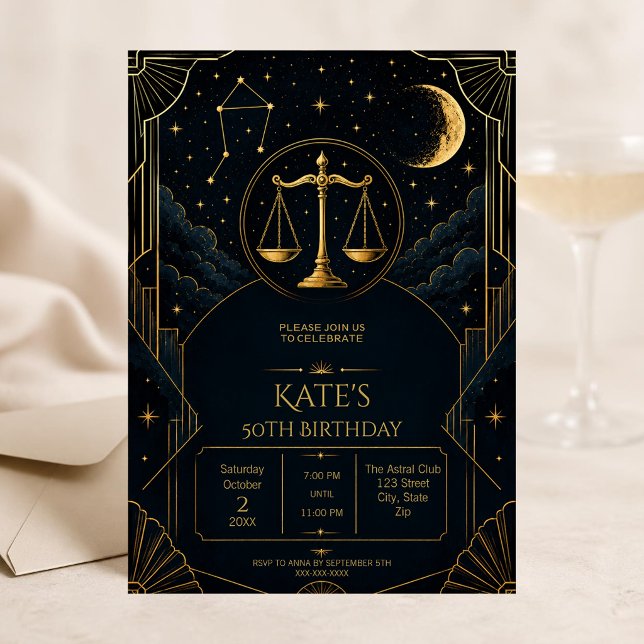 Invitación para el 50 cumpleaños de Libra | Oro Ce (Elegant Libra 50th birthday invitation with gold zodiac scales and celestial midnight details.)