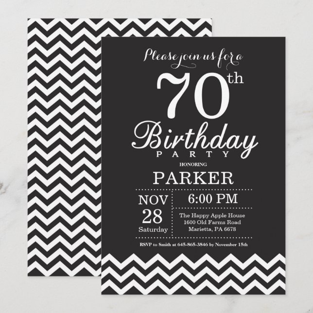 Invitación para el 70 cumpleaños Chevron negro y b (Anverso / Reverso)