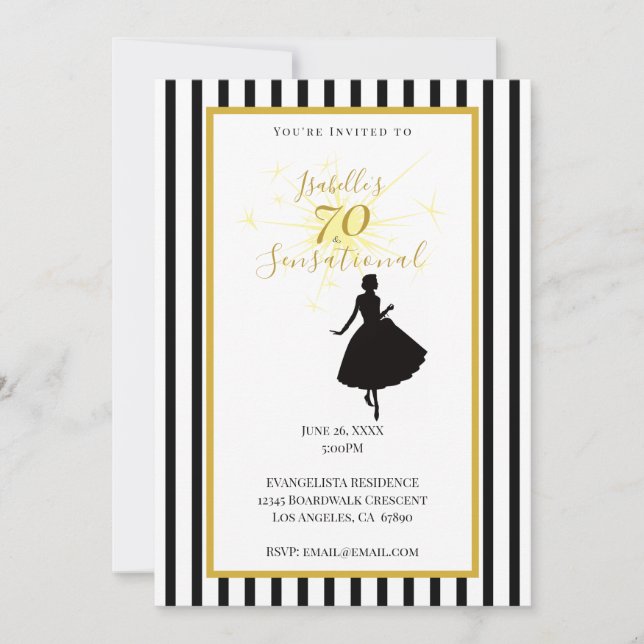 Invitación para el 70 cumpleaños negro y dorado (Anverso)