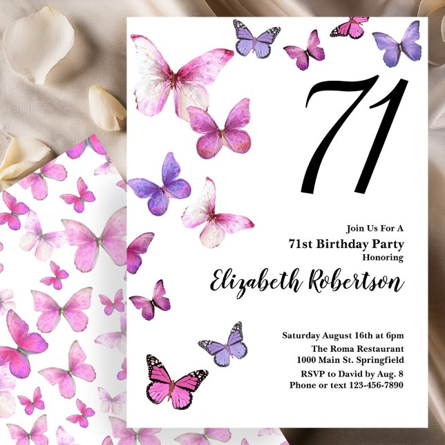 Invitación para el 71 cumpleaños Butterfly en rosa (Subido por el creador)