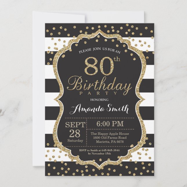 Invitación para el 80 cumpleaños. Brillo negro y d (Anverso)