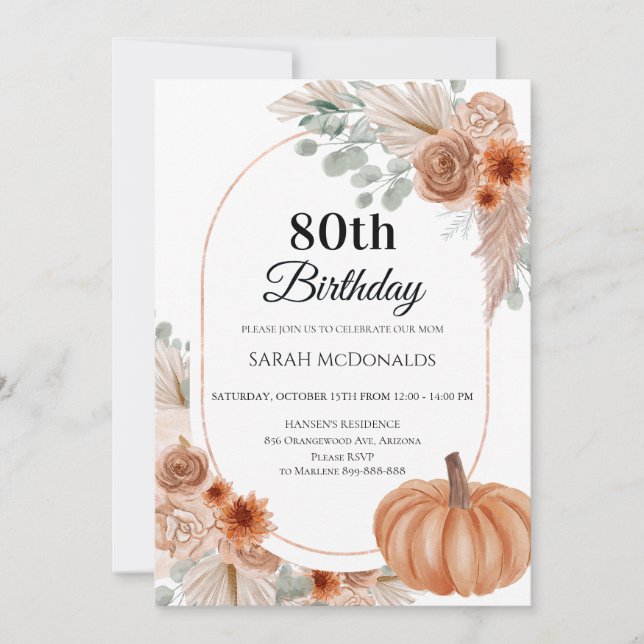 Invitación para el 80 cumpleaños de otoño para muj (Anverso)