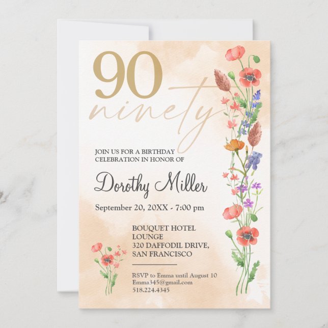 Invitación para el 90 cumpleaños de la suave flor  (Anverso)
