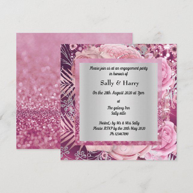 Invitación para el compromiso con el buquete rosa  (Anverso / Reverso)